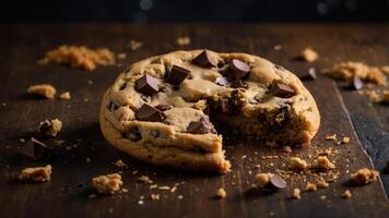 A close-up of a chocolate chip cookie with chunks, showcasing its texture and deliciousness. photo