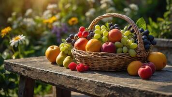 A wicker basket overflowing with assorted fresh fruits on a rustic wooden table in nature. photo