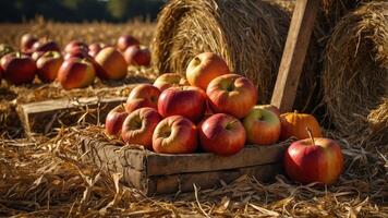 A rustic display of fresh apples in a wooden crate amidst hay bales in a harvest setting. photo