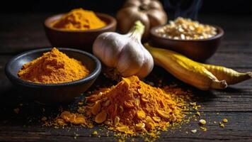 A composition of spices, including turmeric, garlic, and grains, showcasing culinary ingredients. photo