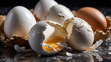 A collection of eggs, some whole and one cracked open, showcasing the yolk inside. photo