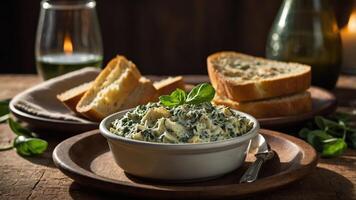 A rustic table setting featuring creamy spinach dip, bread, and a glass of wine. photo