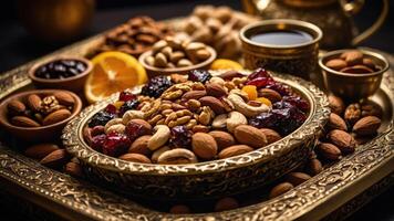 A beautifully arranged platter of nuts and dried fruits, perfect for sharing or snacking. photo