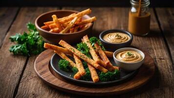 A plate of crispy fries served with dips and garnished with greens on a wooden table. photo