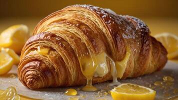 A delicious croissant filled with lemon curd, garnished with lemon slices and powdered sugar. photo