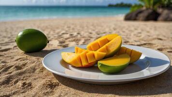 A vibrant plate of sliced mango on a sandy beach, with a whole mango nearby and ocean view. photo