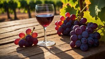 A glass of red wine beside fresh grapes on a wooden table in a vineyard setting. photo