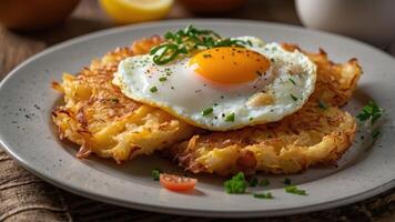 A plate of crispy hash browns topped with a sunny-side-up egg and garnished with herbs. photo
