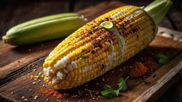 Grilled corn on the cob garnished with spices and lime on a wooden surface. photo