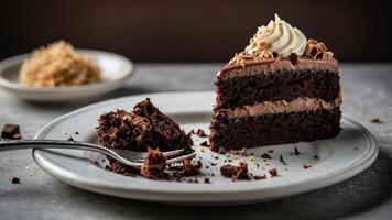 A slice of rich chocolate cake with frosting, served on a plate with a fork. photo