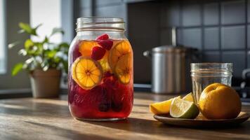 A refreshing fruit-infused drink in a jar with citrus and berries on a wooden table. photo