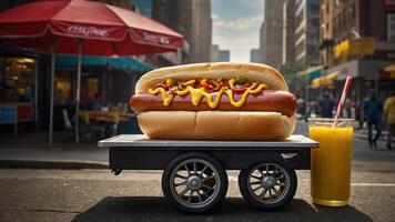 A giant hot dog on a cart with a drink, set in an urban environment. photo