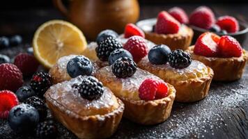 A tempting display of assorted pastries topped with berries and lemon. photo