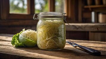 A jar of fermented cabbage sits on a wooden table next to a fresh cabbage. photo