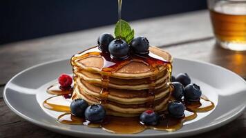 A stack of fluffy pancakes drizzled with syrup, topped with blueberries and mint. photo