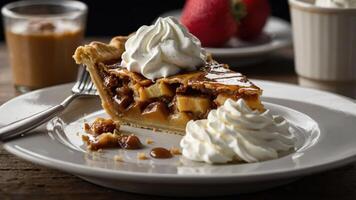 A slice of pie with whipped cream, served with strawberries and a dessert in a glass. photo
