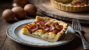 A slice of savory pie topped with bacon on a decorative plate, surrounded by potatoes. photo