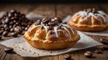 A tempting pastry topped with coffee beans and icing, set against a rustic wooden background. photo