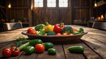 A rustic wooden table displays a variety of fresh vegetables in a cozy setting. photo