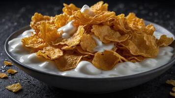 A bowl of corn flakes topped with yogurt, showcasing a simple breakfast option. photo