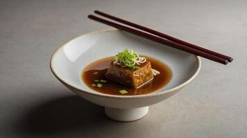 A dish featuring tofu in a savory sauce, garnished with green onions, served with chopsticks. photo
