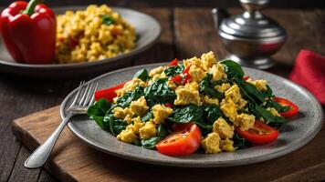 A plate of scrambled eggs with spinach and tomatoes, served with a side of rice. photo