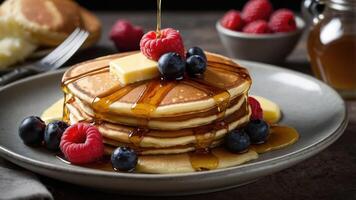 A delicious stack of pancakes topped with butter, berries, and syrup on a rustic table. photo