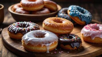 A variety of colorful donuts displayed on a wooden platter, inviting and delicious. photo