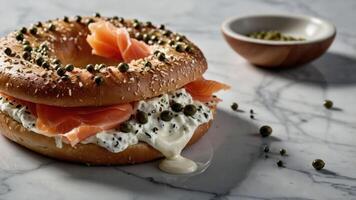 A delicious bagel topped with smoked salmon, cream cheese, and capers on a marble surface. photo