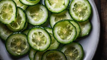 A plate of fresh cucumber slices arranged neatly, showcasing their vibrant color and texture. photo