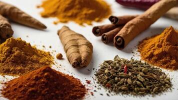 A vibrant assortment of spices arranged artistically on a surface. photo