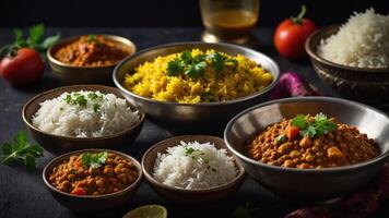 A vibrant assortment of Indian dishes including rice, lentils, and spices, beautifully arranged. photo