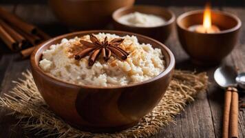 A bowl of creamy rice pudding garnished with cinnamon and star anise, set on a rustic table. photo
