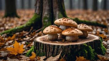 A cluster of mushrooms grows on a tree stump in a forest during autumn. photo