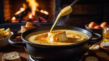 A cozy setting featuring melted cheese fondue with bread and apples by a warm fireplace. photo