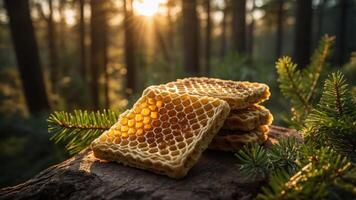 Honeycomb pieces resting on a log in a sunlit forest setting. photo