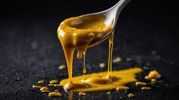 A spoon with dripping yellow sauce on a dark surface, showcasing texture and color. photo