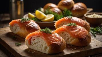 Freshly prepared rolls topped with smoked salmon and herbs, served with lemon. photo