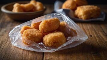 A bag of golden, crispy chicken nuggets on a wooden table, ready to be enjoyed. photo