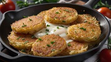 A skillet filled with golden hash browns and a poached egg, garnished with herbs. photo