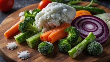 A colorful assortment of fresh vegetables arranged on a wooden cutting board. photo