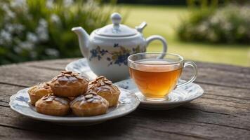 A serene tea setting with pastries, inviting relaxation and enjoyment in nature. photo