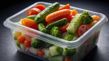 A plastic container filled with a colorful assortment of fresh vegetables. photo
