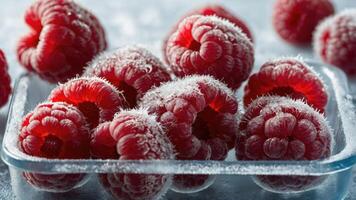 A close-up of frosty raspberries in a glass container, showcasing their vibrant color and texture. photo
