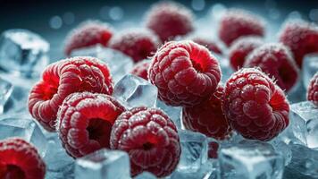 Fresh raspberries resting on ice cubes, highlighting their vibrant color and texture. photo