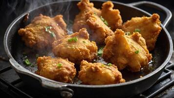 Crispy fried chicken pieces sizzling in a pan, garnished with green herbs. photo