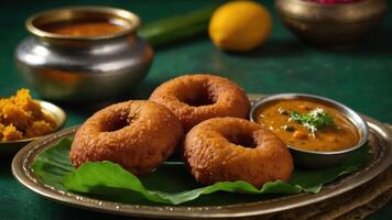 A traditional Indian meal featuring crispy doughnuts served with curry and chutney. photo