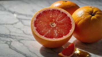 A halved grapefruit sits on a marble surface with whole grapefruits in the background. photo