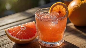 A refreshing grapefruit drink served in a glass with ice, garnished with a slice of orange. photo