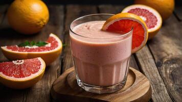 A refreshing smoothie in a glass, garnished with citrus slices, surrounded by fruit. photo